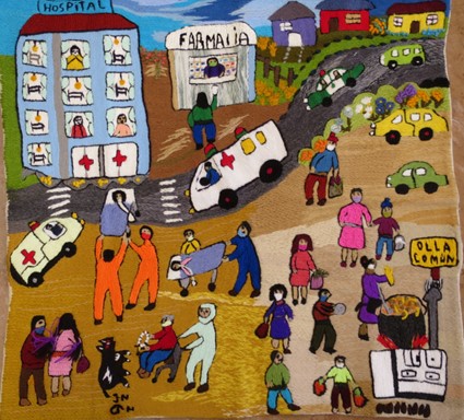 Embroidery depicting COVID patients arriving at a hospital by ambulances, cars, and on stretchers.