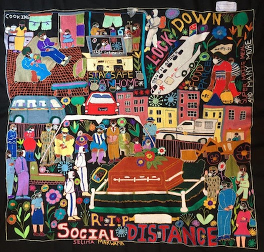 Embroidery on black background depicting lockdown and social distancing conditions in South Africa during the COVID pandemic.